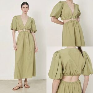 Deluc Pissarro Olive Cutout Puff Sleeve Cotton Maxi Dress S